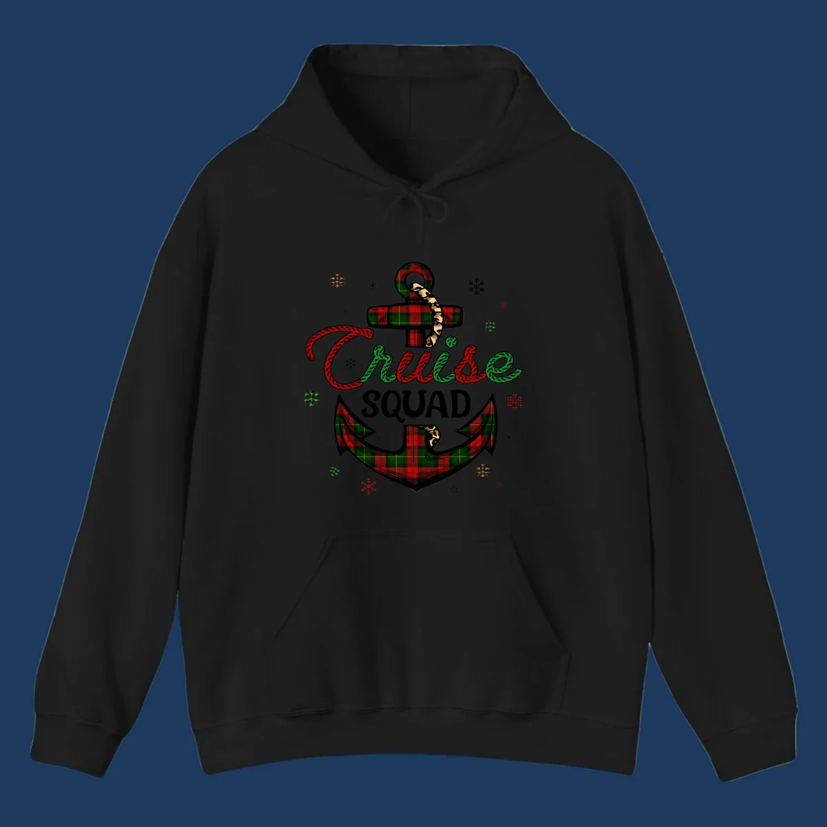 Cruise squad holiday design featuring plaid anchor with rope lettering, snowflakes, and nautical cross on gray background