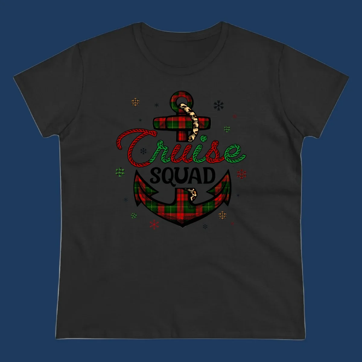 Cruise squad holiday design featuring plaid anchor with rope lettering, snowflakes, and nautical cross on gray background