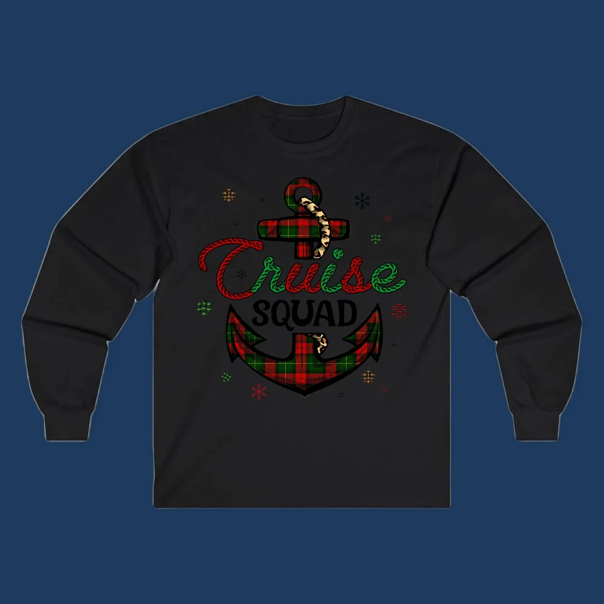 Cruise squad holiday design featuring plaid anchor with rope lettering, snowflakes, and nautical cross on gray background