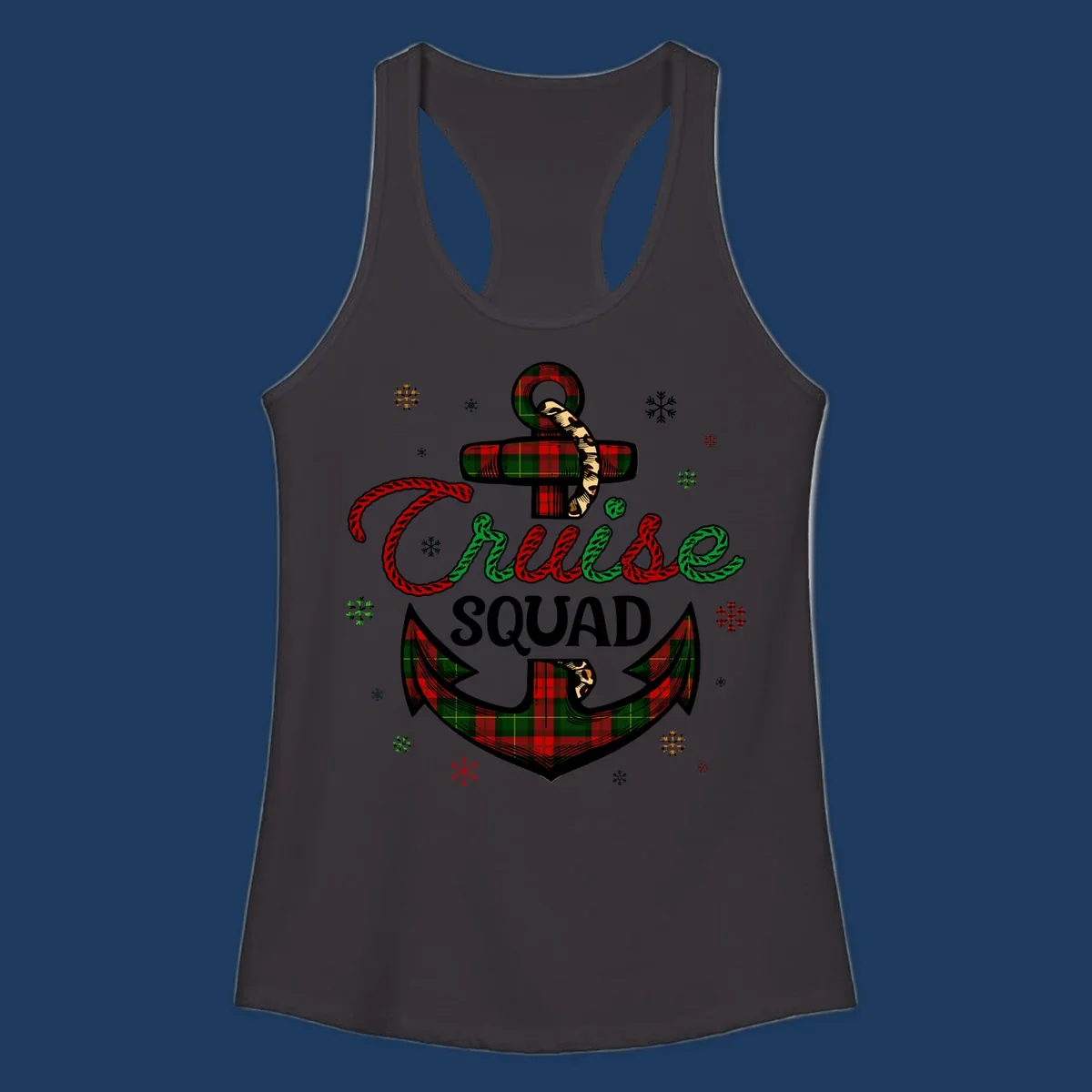 Cruise squad holiday design featuring plaid anchor with rope lettering, snowflakes, and nautical cross on gray background