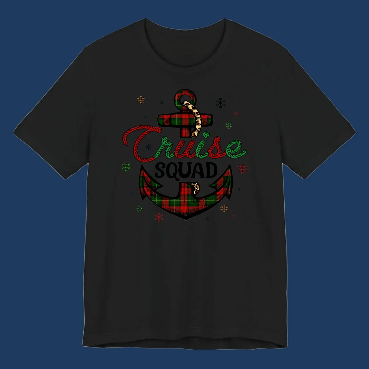 Cruise squad holiday design featuring plaid anchor with rope lettering, snowflakes, and nautical cross on gray background