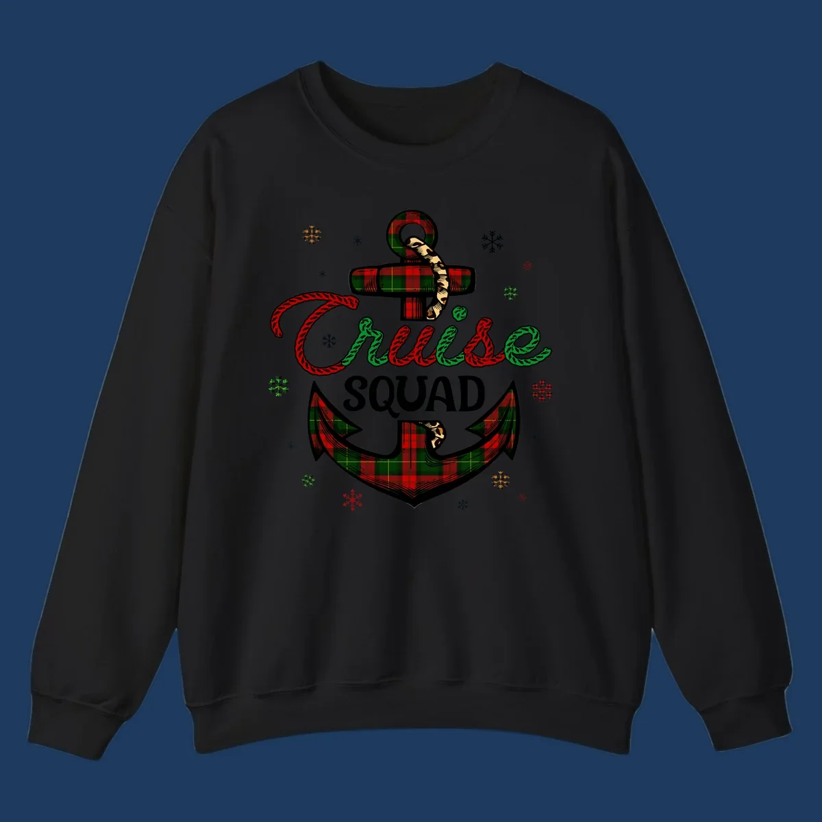 Cruise squad holiday design featuring plaid anchor with rope lettering, snowflakes, and nautical cross on gray background