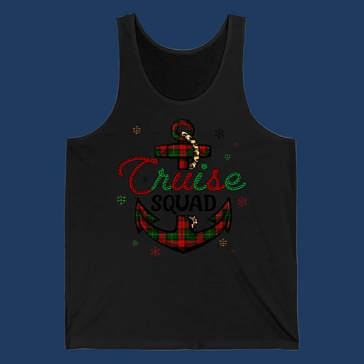 Cruise squad holiday design featuring plaid anchor with rope lettering, snowflakes, and nautical cross on gray background
