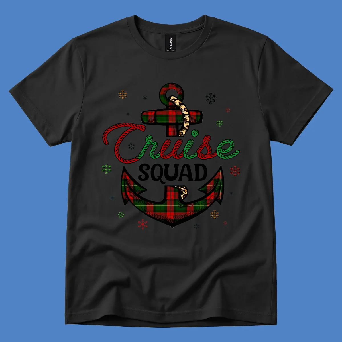 Cruise squad holiday design featuring plaid anchor with rope lettering, snowflakes, and nautical cross on gray background