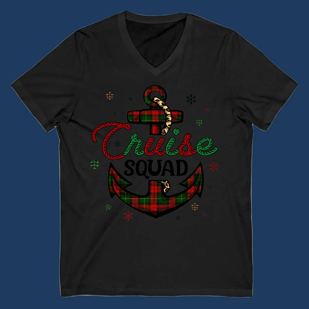 Cruise squad holiday design featuring plaid anchor with rope lettering, snowflakes, and nautical cross on gray background