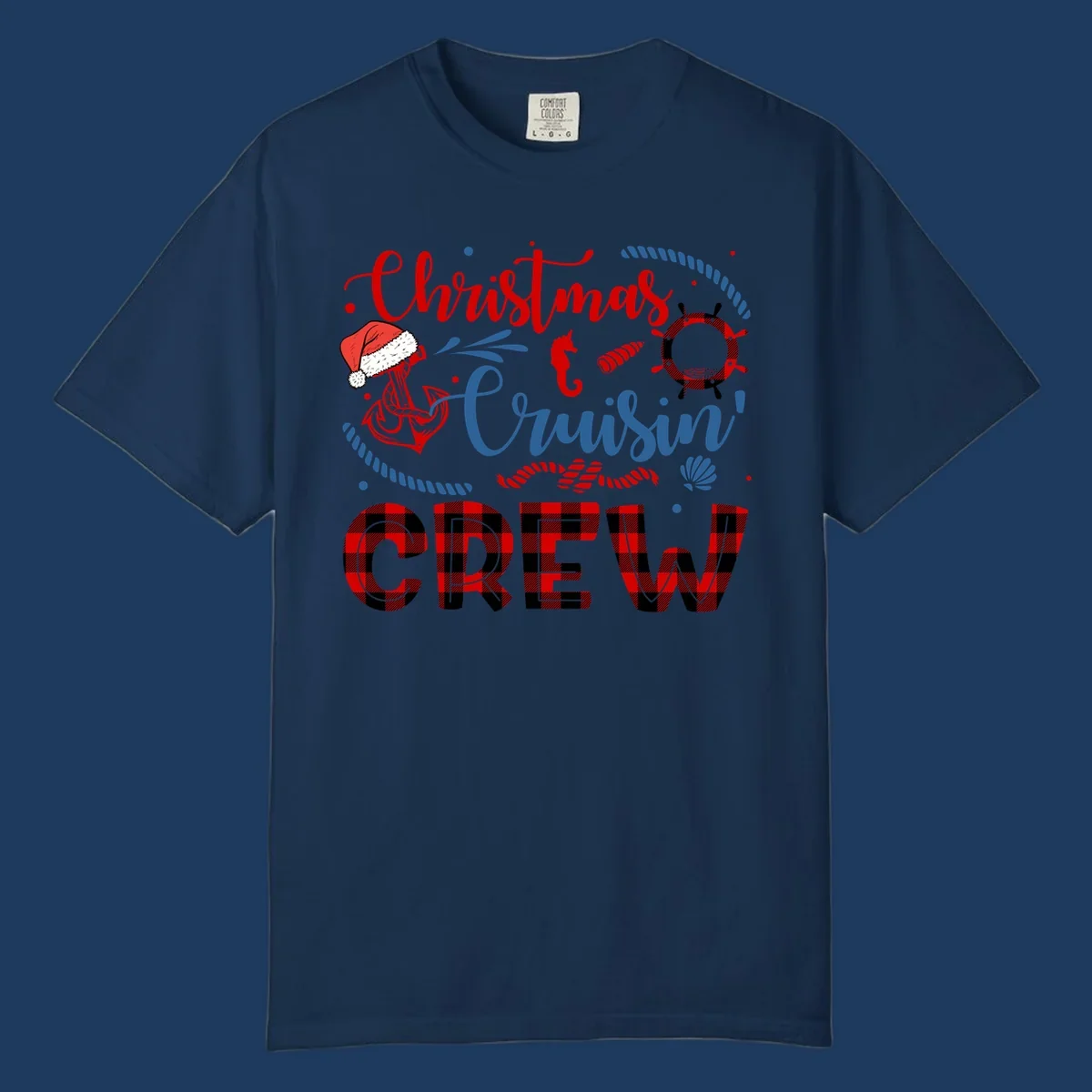 Christmas Cruisin' Cousin Crew design with Santa hat, ship wheel, anchor, and seahorse nautical elements in red, blue, and black on gray background