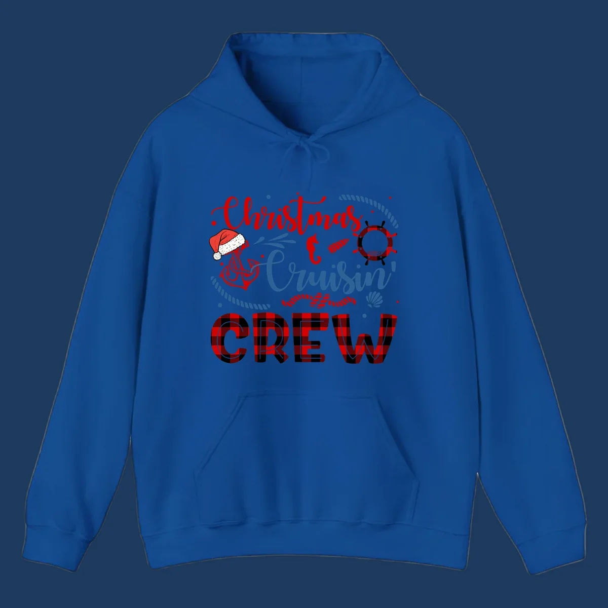 Christmas Cruisin' Cousin Crew design with Santa hat, ship wheel, anchor, and seahorse nautical elements in red, blue, and black on gray background