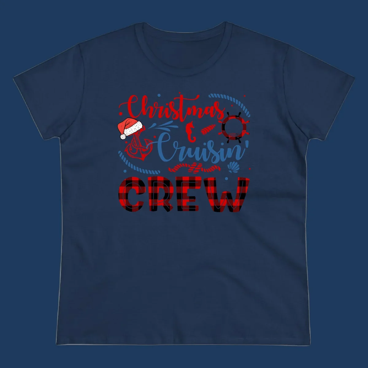 Christmas Cruisin' Cousin Crew design with Santa hat, ship wheel, anchor, and seahorse nautical elements in red, blue, and black on gray background