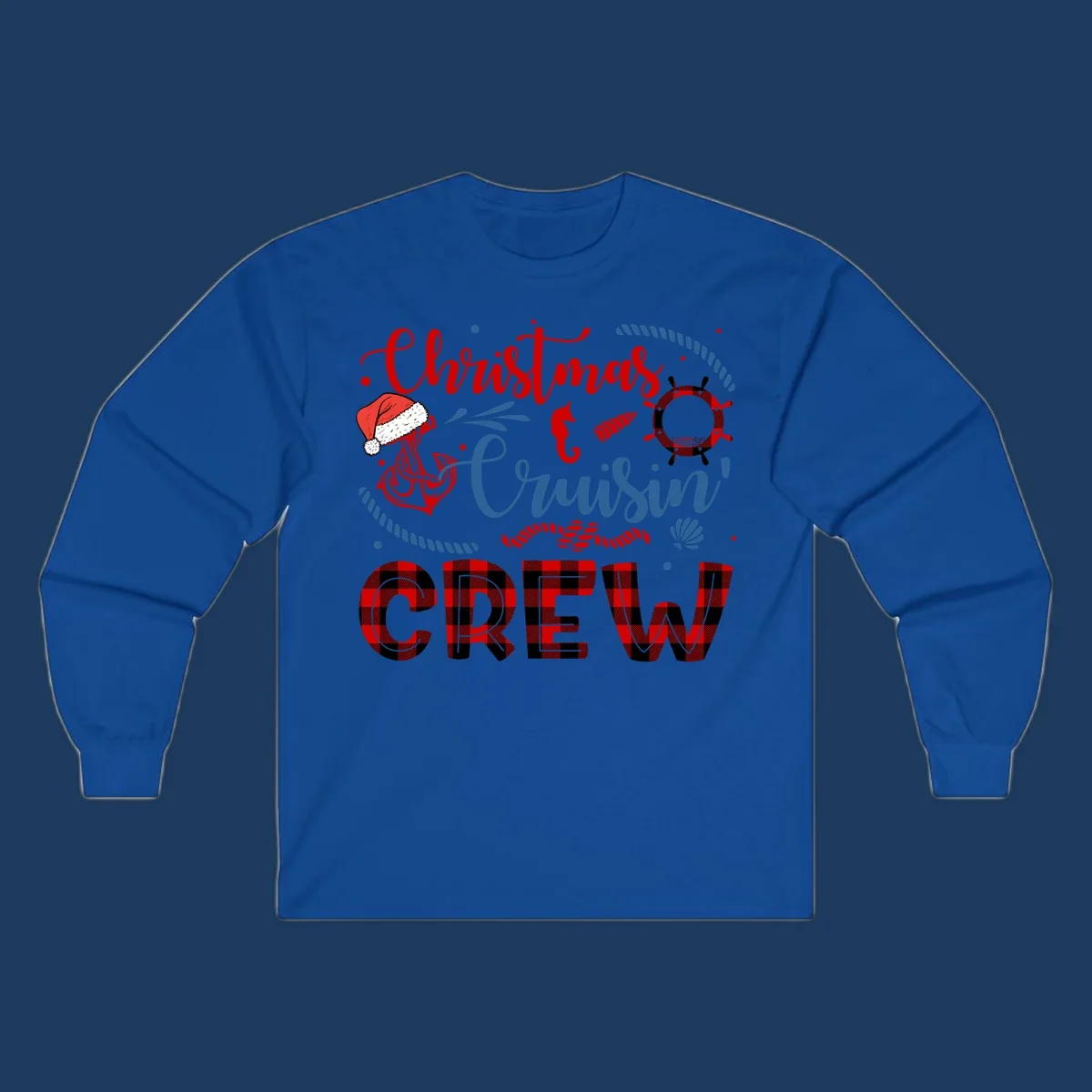 Christmas Cruisin' Cousin Crew design with Santa hat, ship wheel, anchor, and seahorse nautical elements in red, blue, and black on gray background