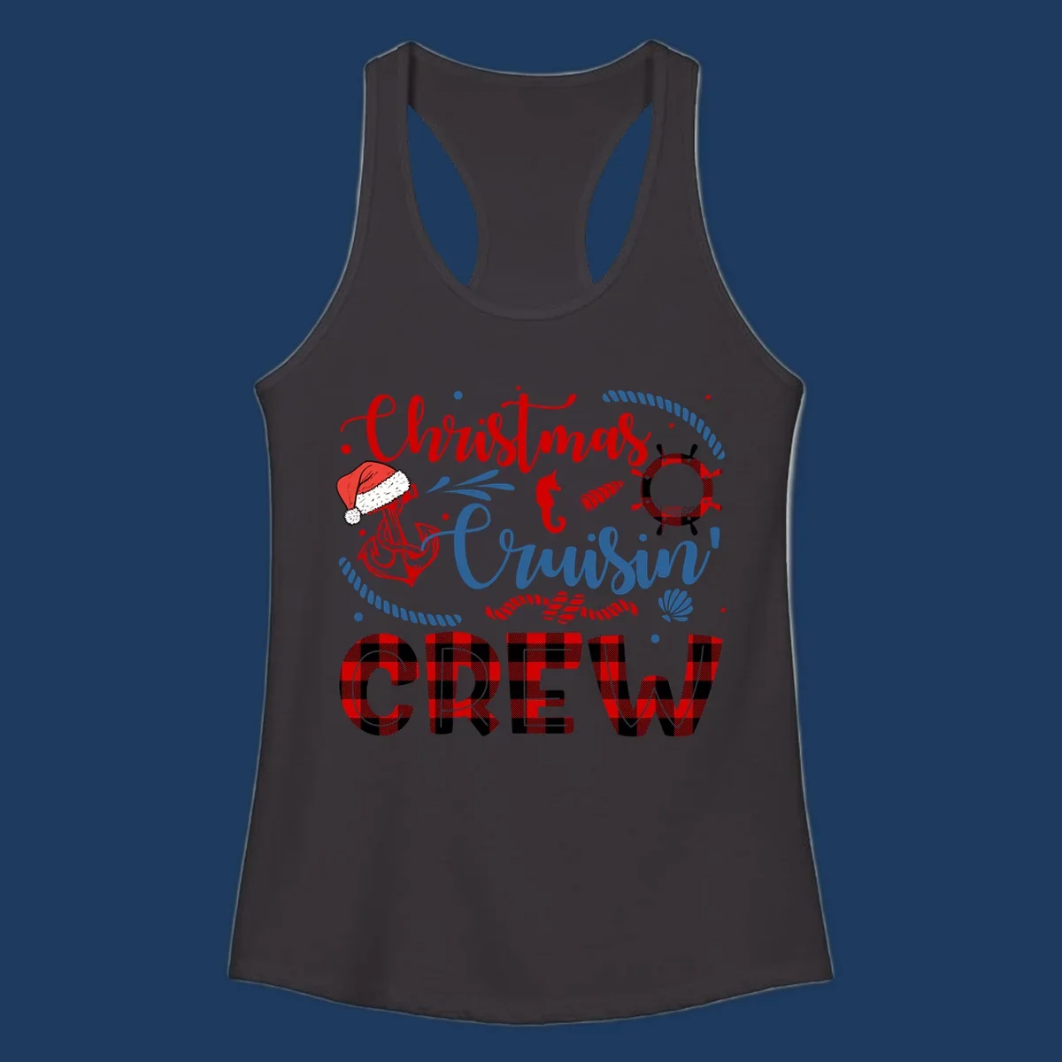 Christmas Cruisin' Cousin Crew design with Santa hat, ship wheel, anchor, and seahorse nautical elements in red, blue, and black on gray background