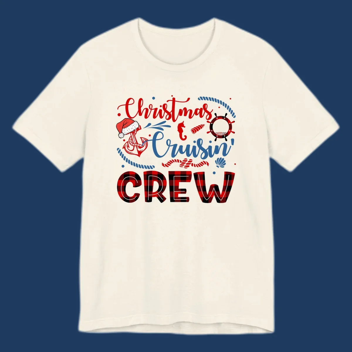 Christmas Cruisin' Cousin Crew design with Santa hat, ship wheel, anchor, and seahorse nautical elements in red, blue, and black on gray background