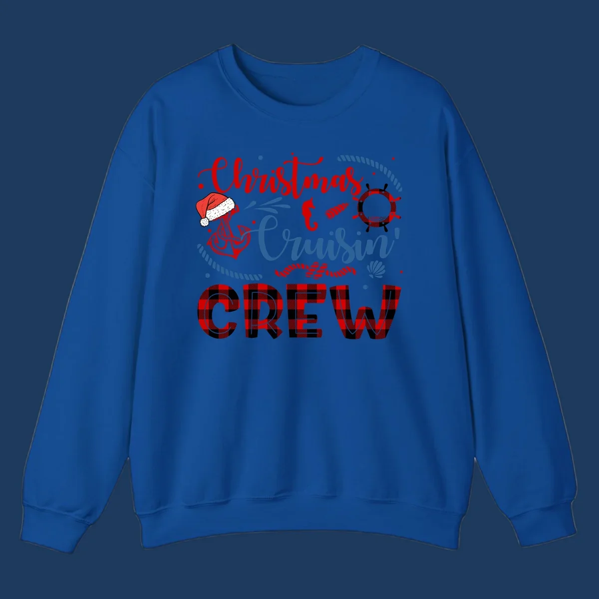 Christmas Cruisin' Cousin Crew design with Santa hat, ship wheel, anchor, and seahorse nautical elements in red, blue, and black on gray background