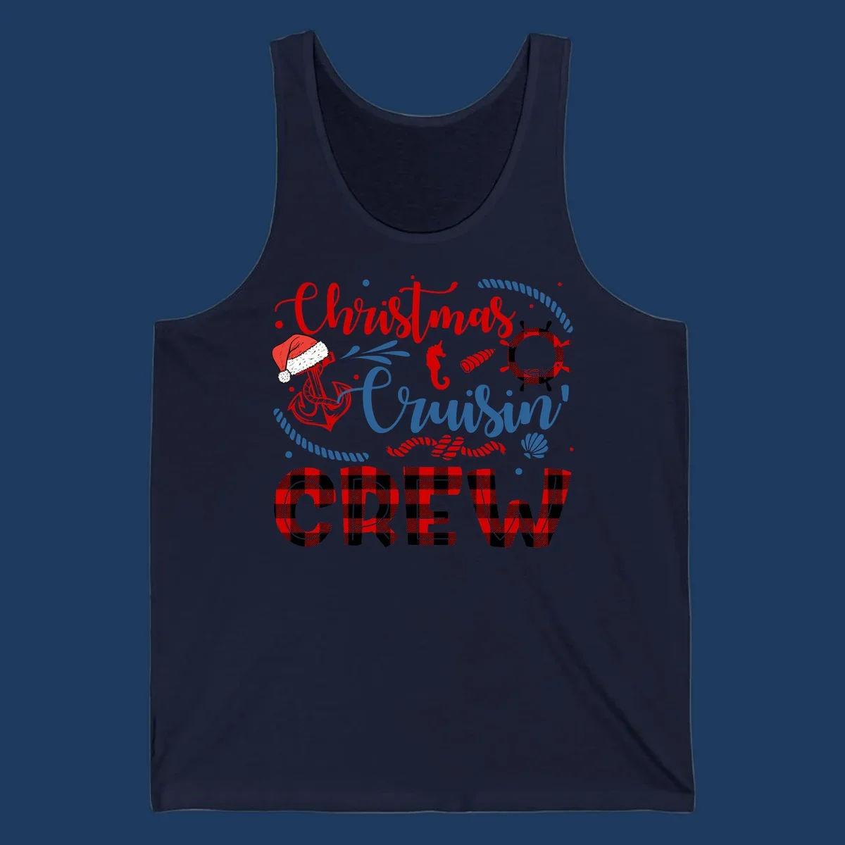 Christmas Cruisin' Cousin Crew design with Santa hat, ship wheel, anchor, and seahorse nautical elements in red, blue, and black on gray background