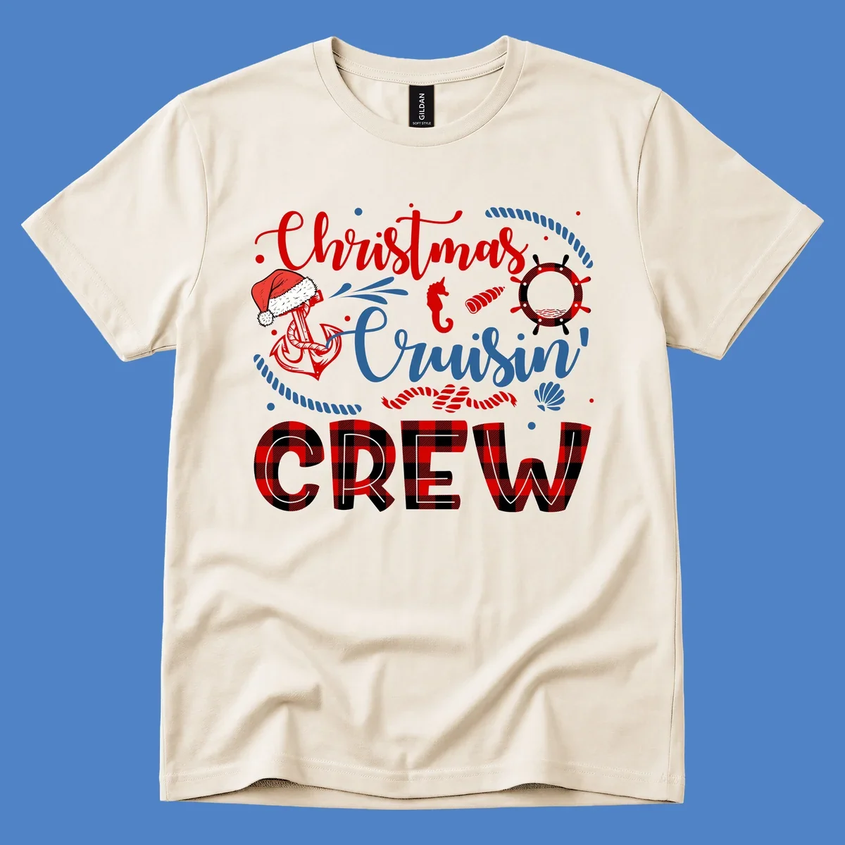 Christmas Cruisin' Cousin Crew design with Santa hat, ship wheel, anchor, and seahorse nautical elements in red, blue, and black on gray background