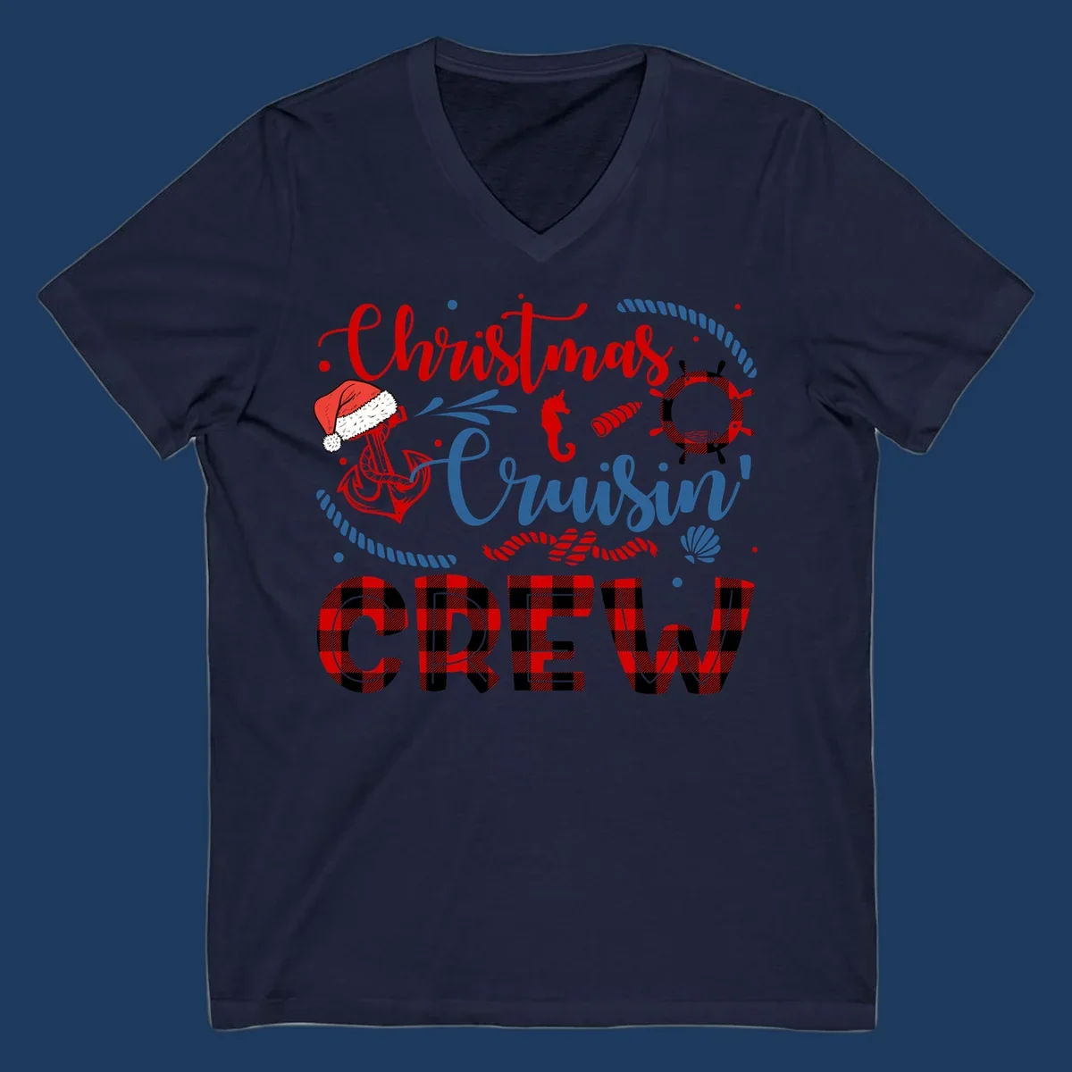 Christmas Cruisin' Cousin Crew design with Santa hat, ship wheel, anchor, and seahorse nautical elements in red, blue, and black on gray background
