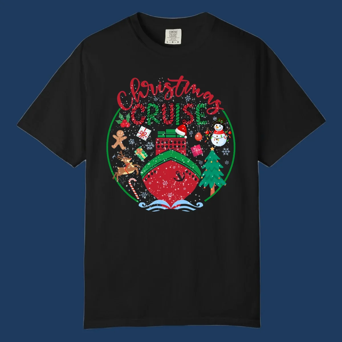Festive cruising Christmas holiday design with candy cane striped text, snowman, reindeer, Christmas tree, and wrapped gifts on gray background