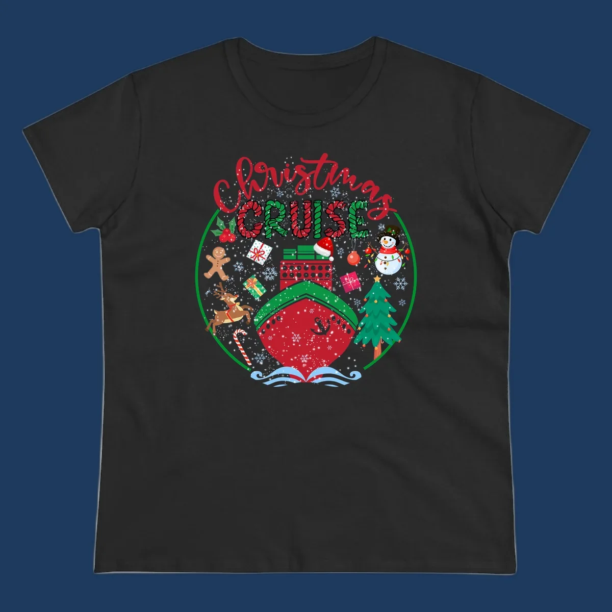 Festive cruising Christmas holiday design with candy cane striped text, snowman, reindeer, Christmas tree, and wrapped gifts on gray background