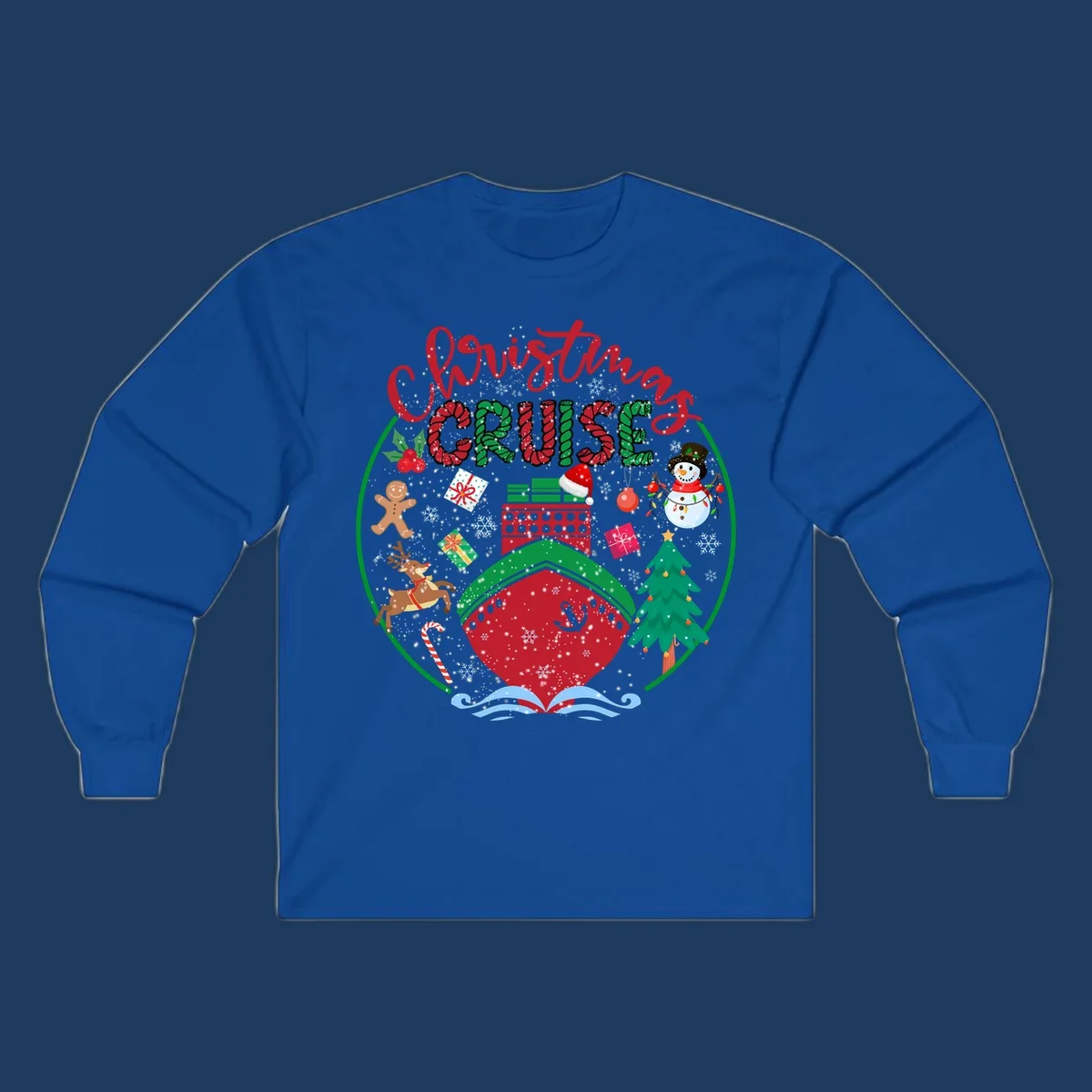 Festive cruising Christmas holiday design with candy cane striped text, snowman, reindeer, Christmas tree, and wrapped gifts on gray background