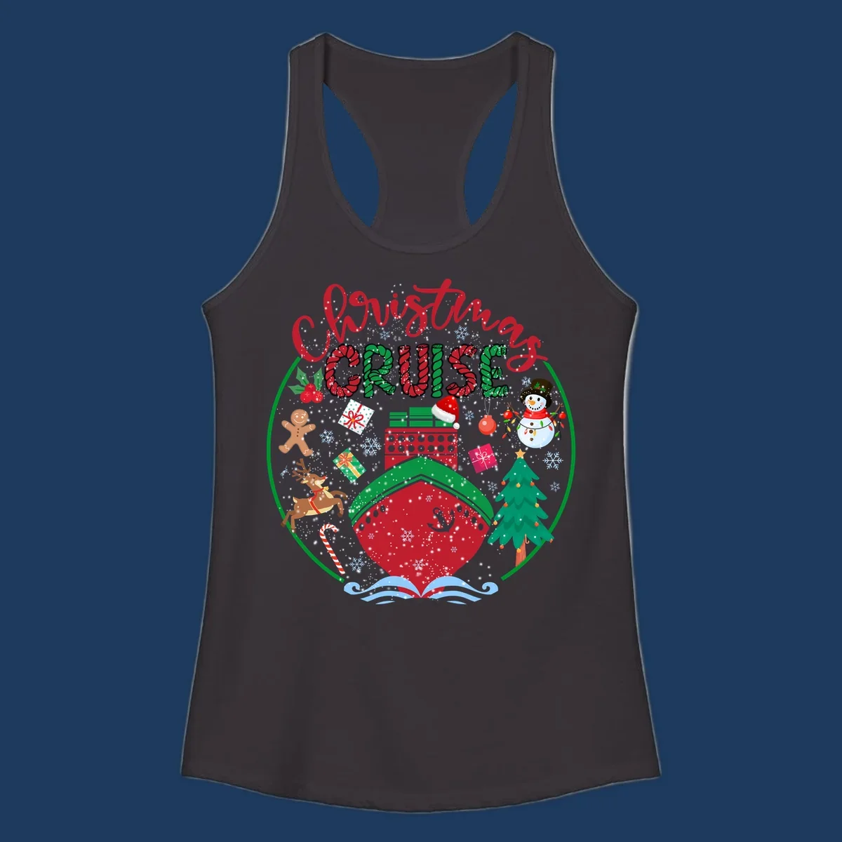 Festive cruising Christmas holiday design with candy cane striped text, snowman, reindeer, Christmas tree, and wrapped gifts on gray background