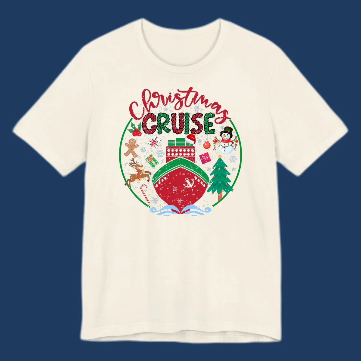 Festive cruising Christmas holiday design with candy cane striped text, snowman, reindeer, Christmas tree, and wrapped gifts on gray background