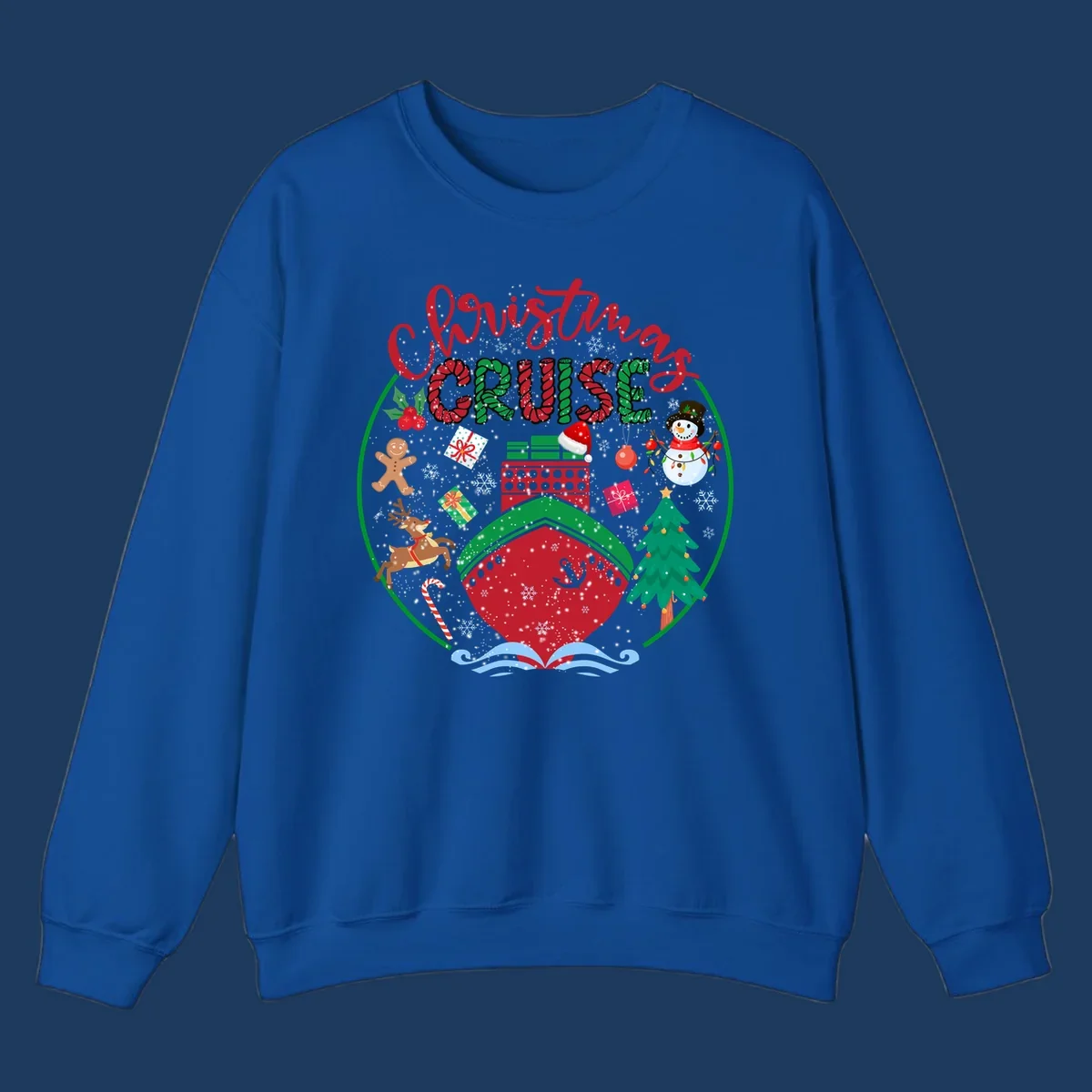 Festive cruising Christmas holiday design with candy cane striped text, snowman, reindeer, Christmas tree, and wrapped gifts on gray background