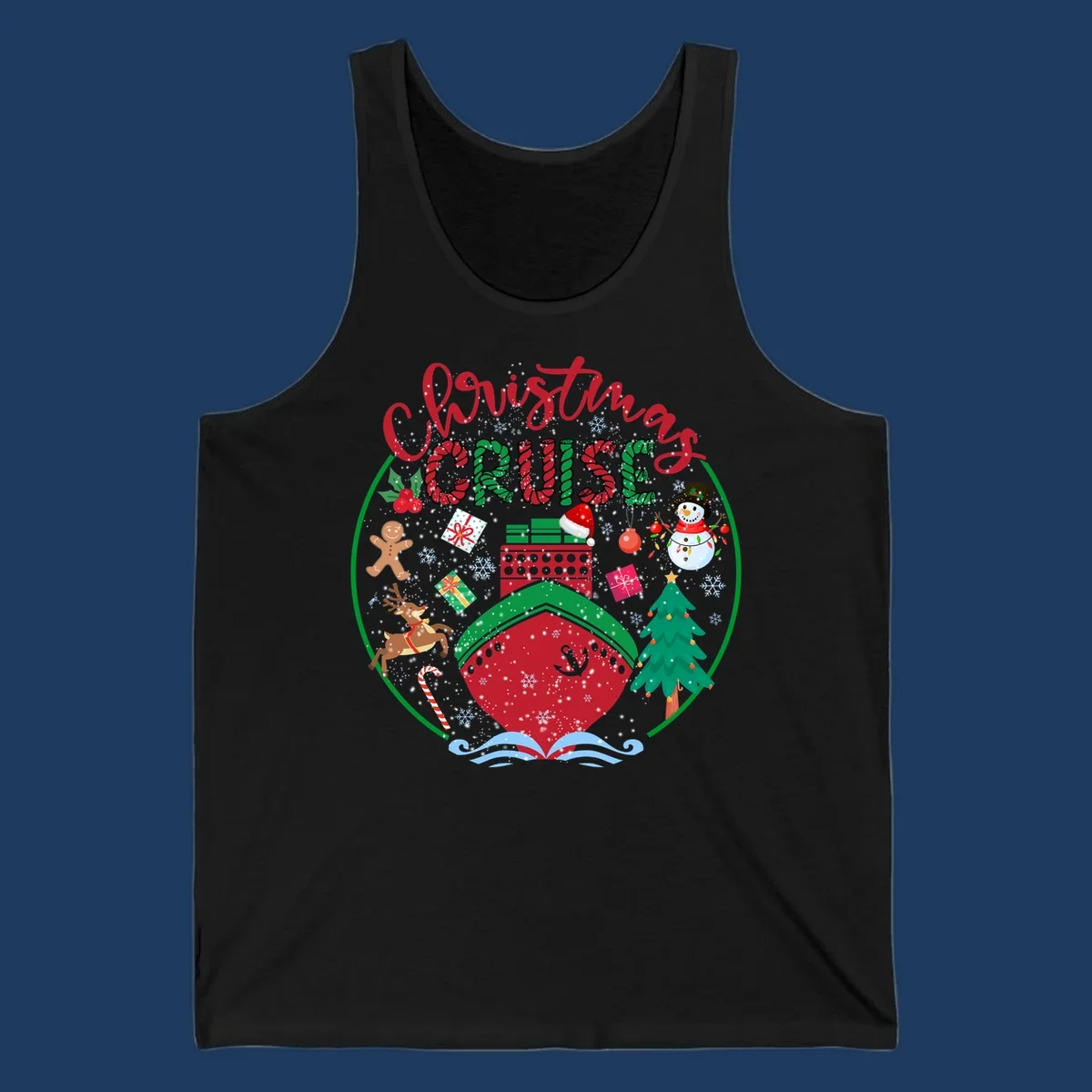 Festive cruising Christmas holiday design with candy cane striped text, snowman, reindeer, Christmas tree, and wrapped gifts on gray background