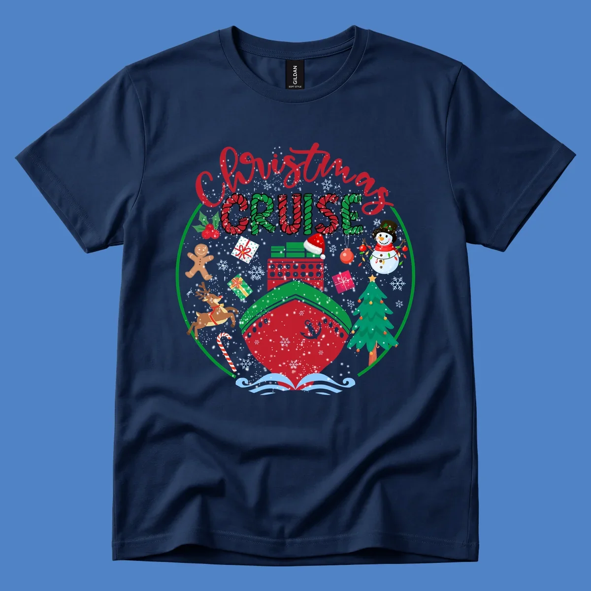 Festive cruising Christmas holiday design with candy cane striped text, snowman, reindeer, Christmas tree, and wrapped gifts on gray background