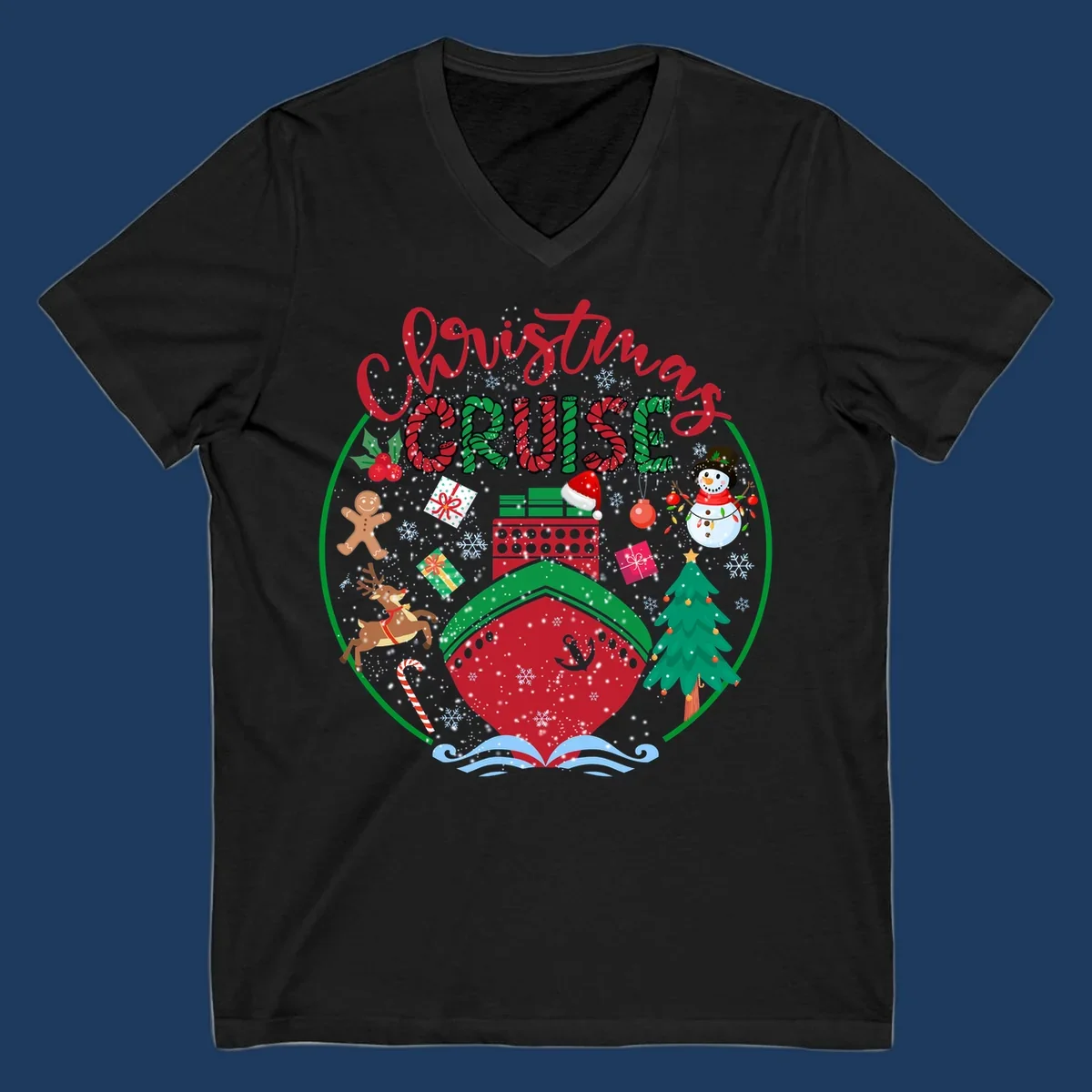 Festive cruising Christmas holiday design with candy cane striped text, snowman, reindeer, Christmas tree, and wrapped gifts on gray background
