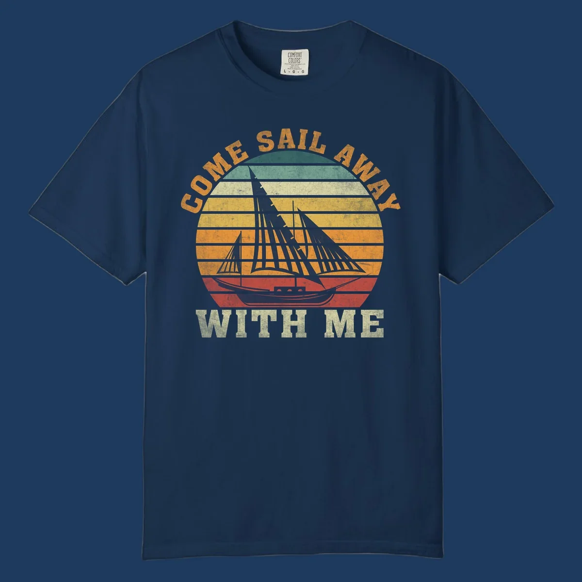 Vintage-style come sail away cruise design with sailing ship silhouette against striped sunset gradient