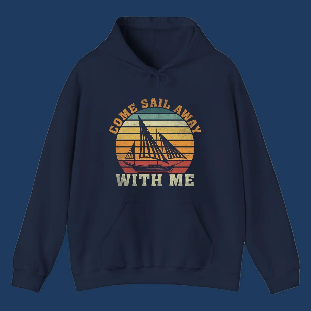 Vintage-style come sail away cruise design with sailing ship silhouette against striped sunset gradient