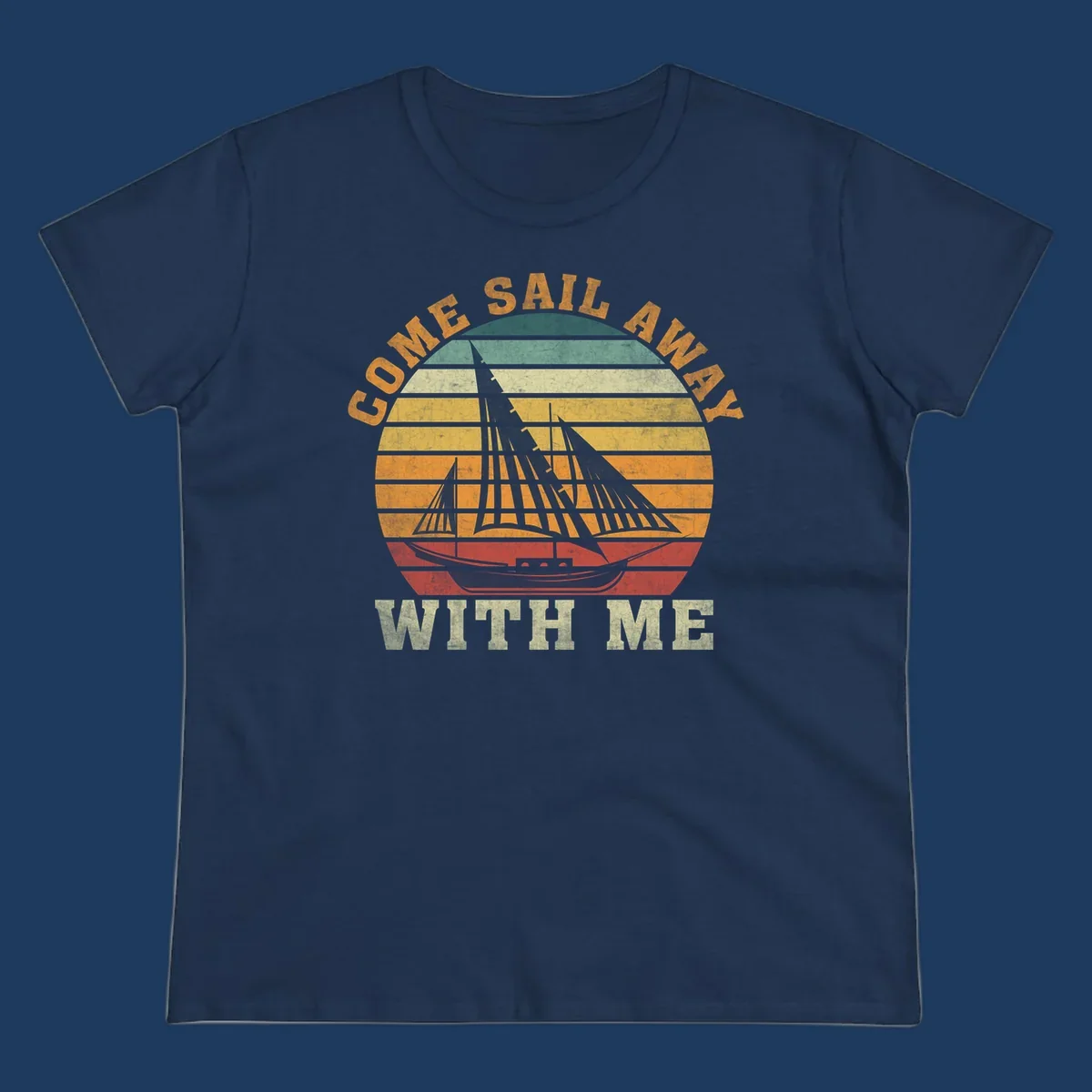 Vintage-style come sail away cruise design with sailing ship silhouette against striped sunset gradient