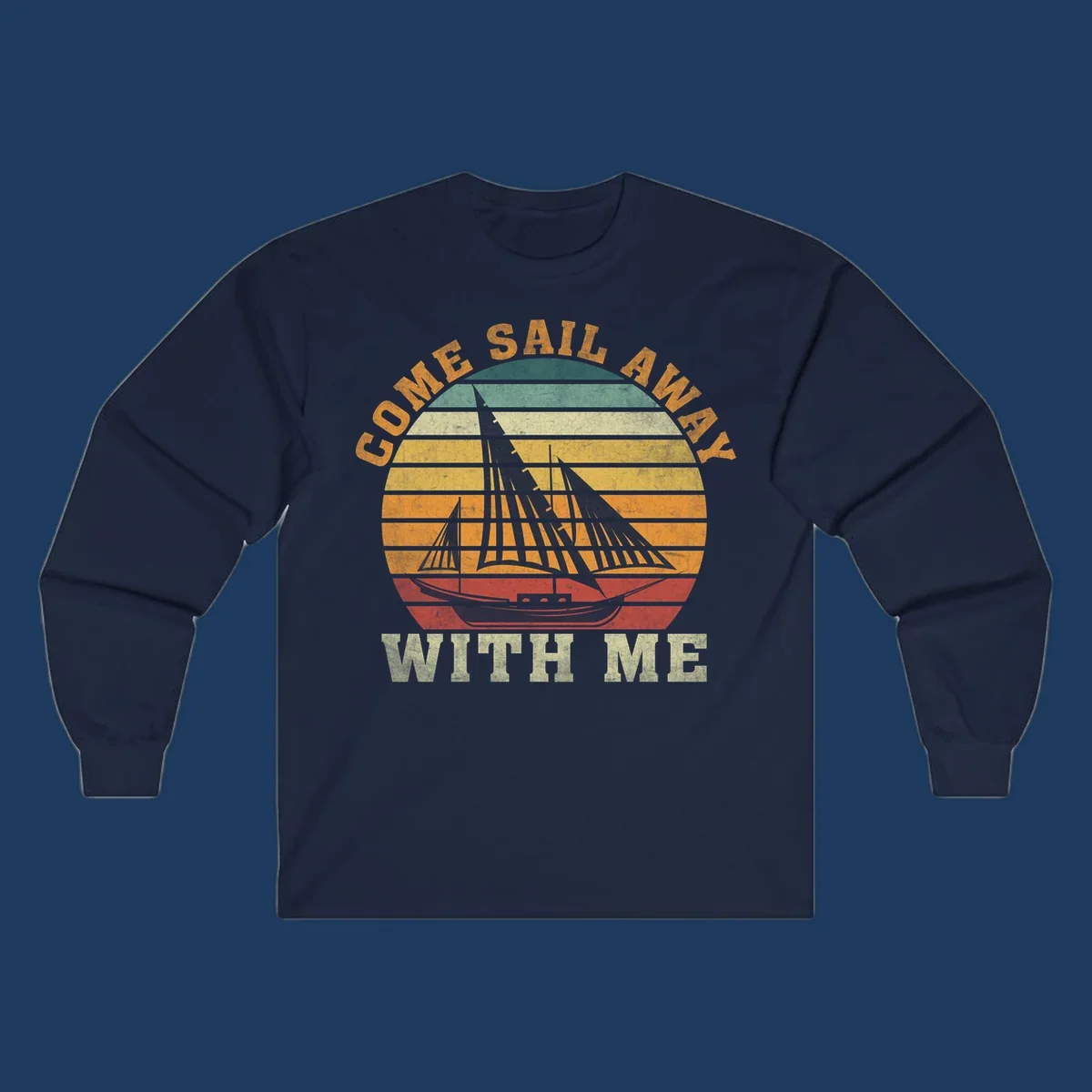 Vintage-style come sail away cruise design with sailing ship silhouette against striped sunset gradient