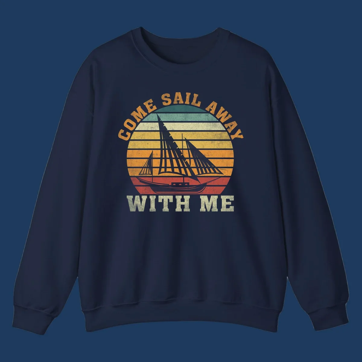 Vintage-style come sail away cruise design with sailing ship silhouette against striped sunset gradient