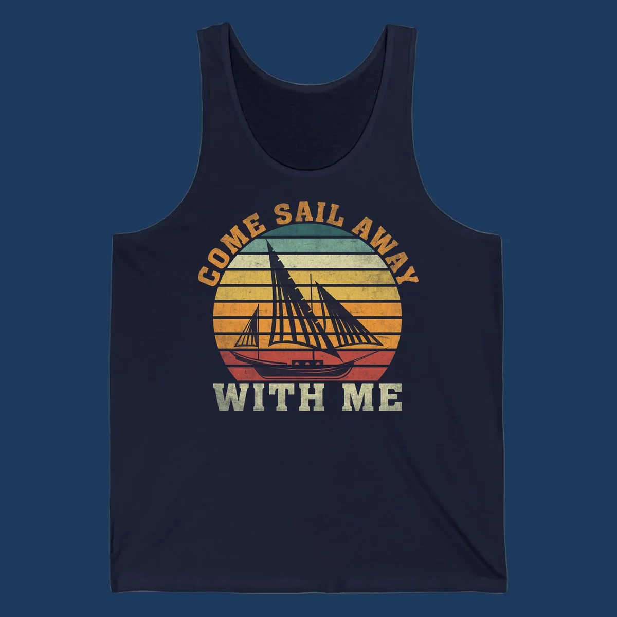 Vintage-style come sail away cruise design with sailing ship silhouette against striped sunset gradient