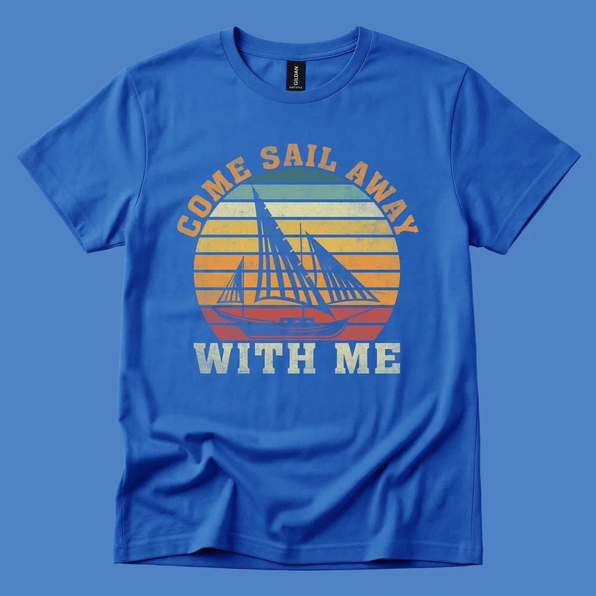 Vintage-style come sail away cruise design with sailing ship silhouette against striped sunset gradient