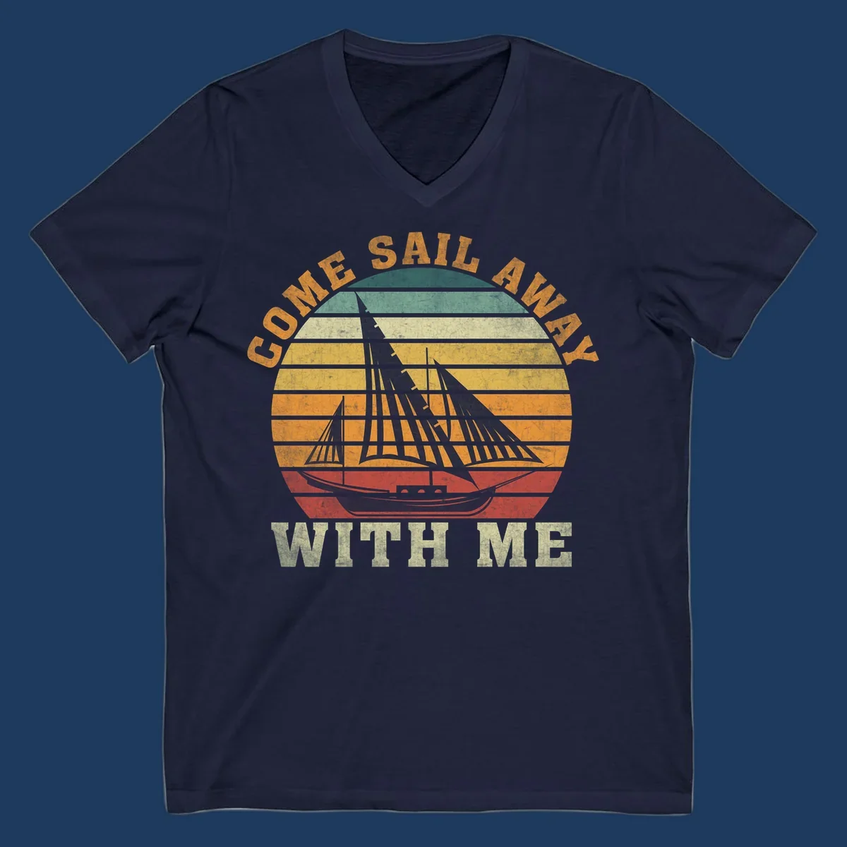 Vintage-style come sail away cruise design with sailing ship silhouette against striped sunset gradient