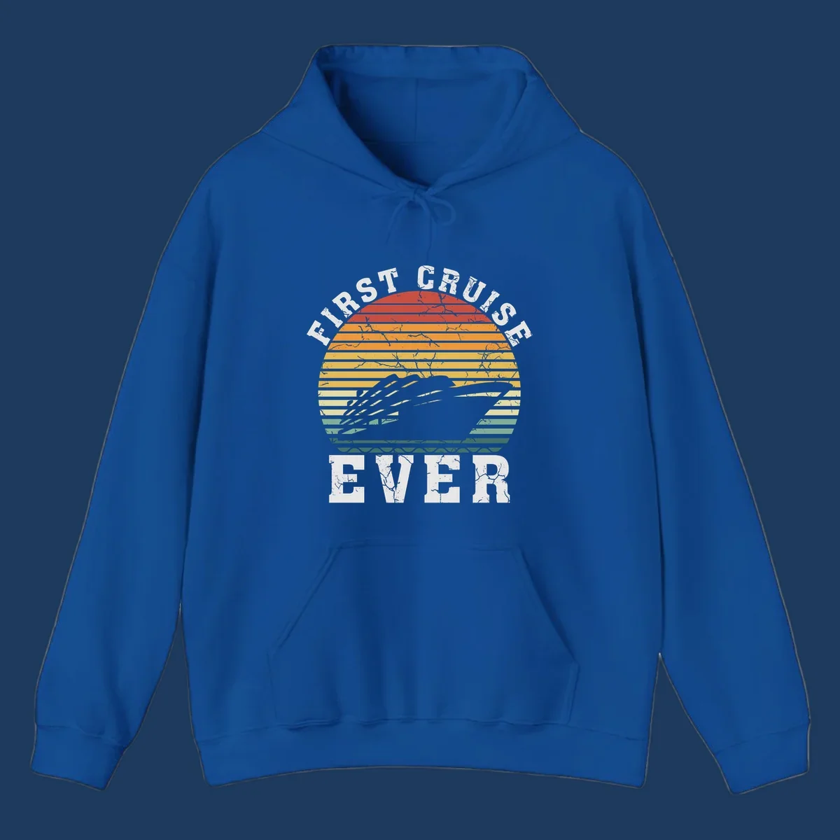 Retro sunset design with cruise ship silhouette and 'First Cruise Ever' text in vintage style