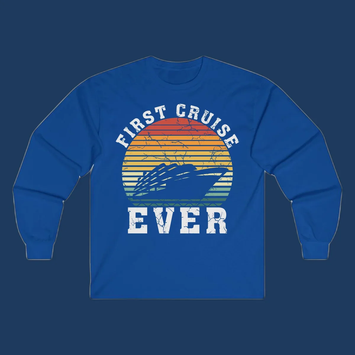 Retro sunset design with cruise ship silhouette and 'First Cruise Ever' text in vintage style