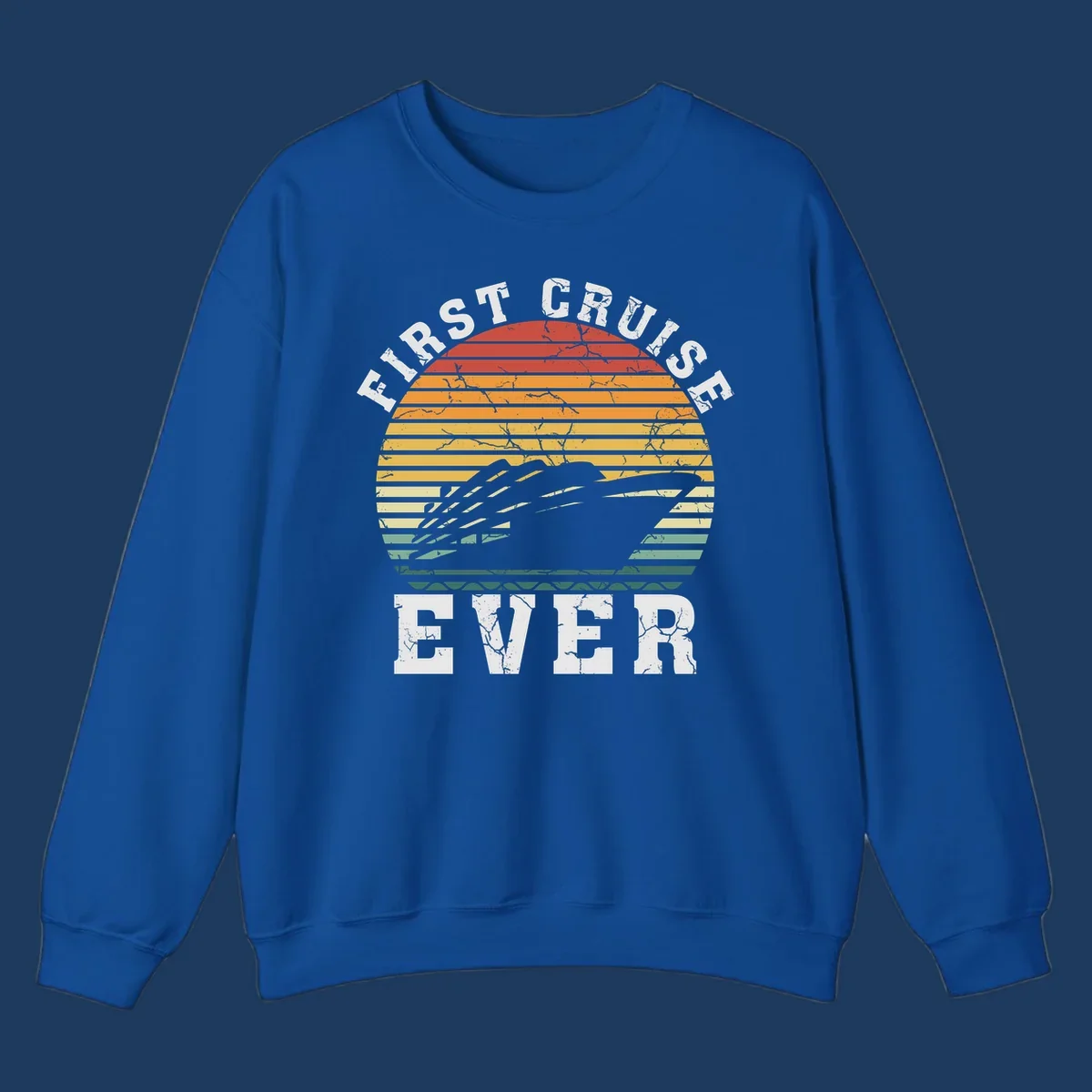 Retro sunset design with cruise ship silhouette and 'First Cruise Ever' text in vintage style