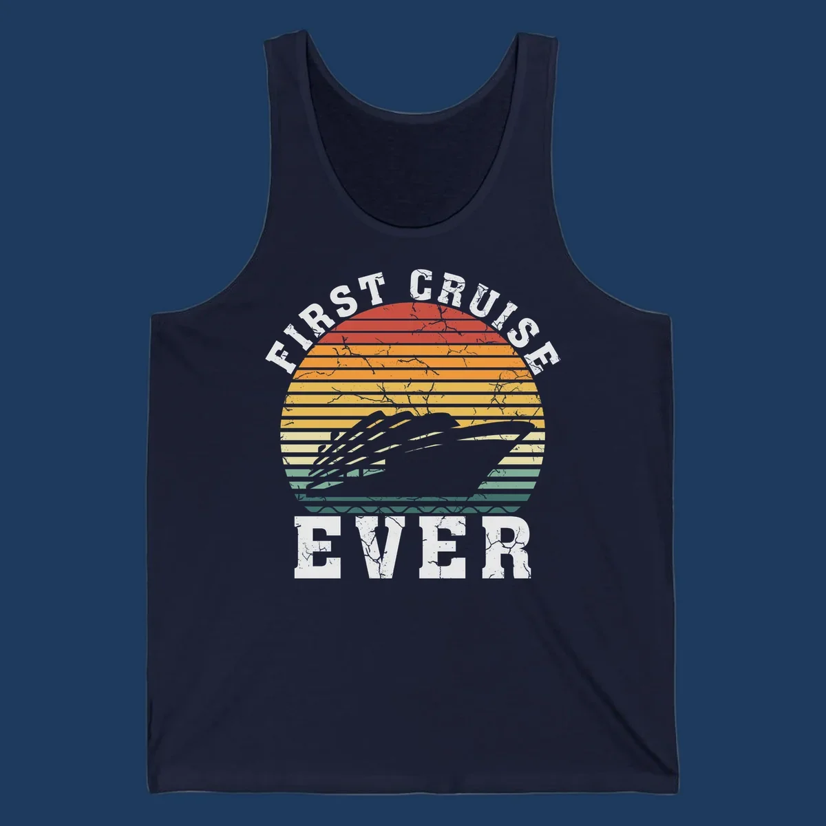 Retro sunset design with cruise ship silhouette and 'First Cruise Ever' text in vintage style