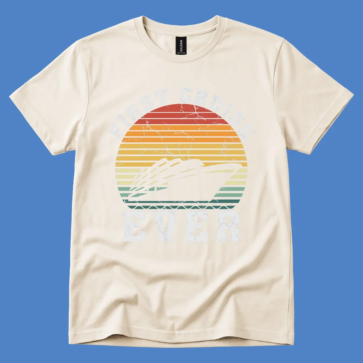 Retro sunset design with cruise ship silhouette and 'First Cruise Ever' text in vintage style