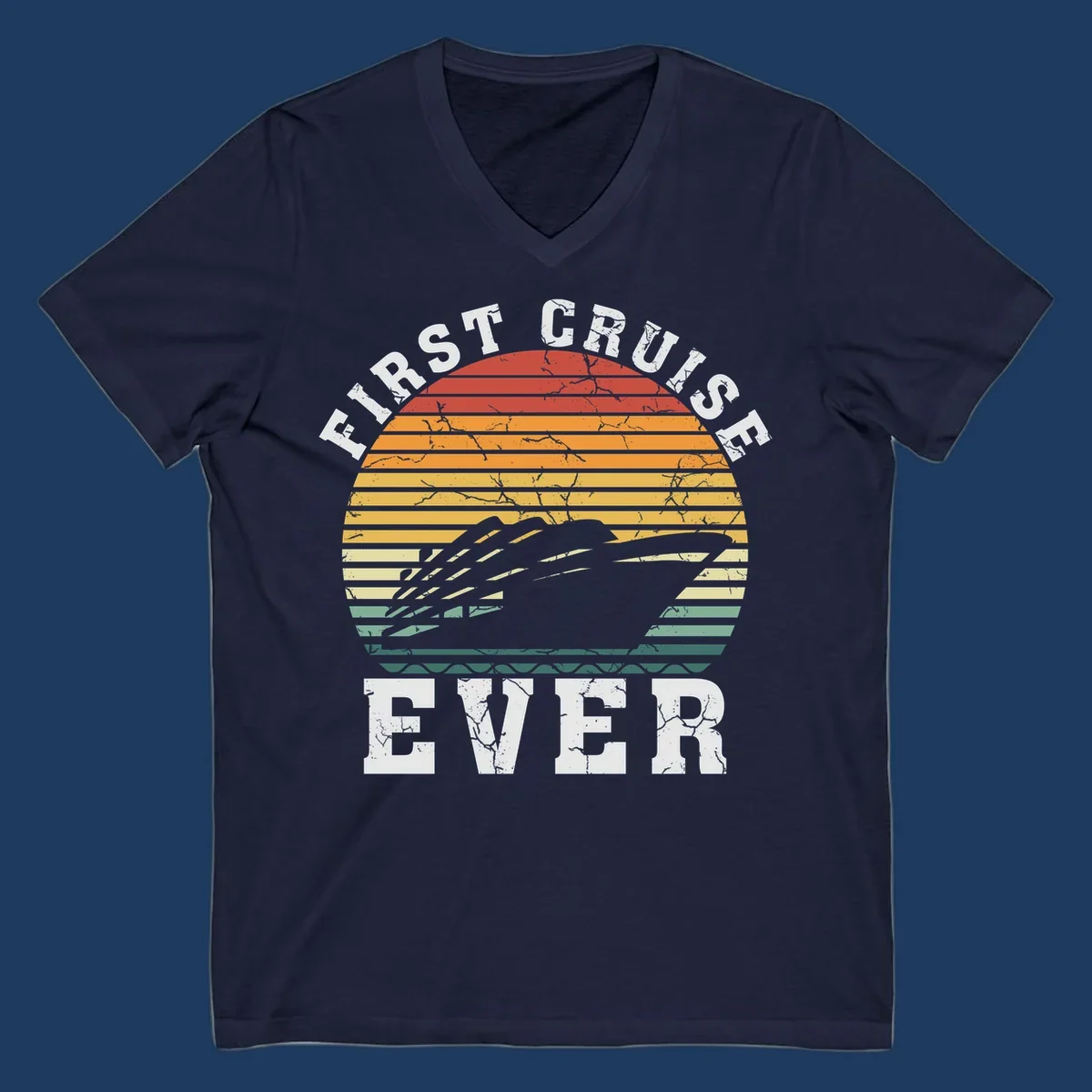 Retro sunset design with cruise ship silhouette and 'First Cruise Ever' text in vintage style