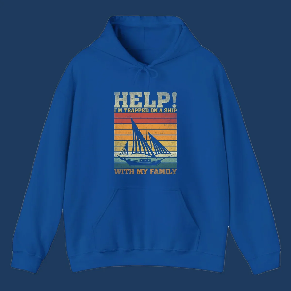 Vintage-style poster with tall sailing ship and text reading 'Help! I'm Trapped On A Ship With My Family' in retro colors and stripes