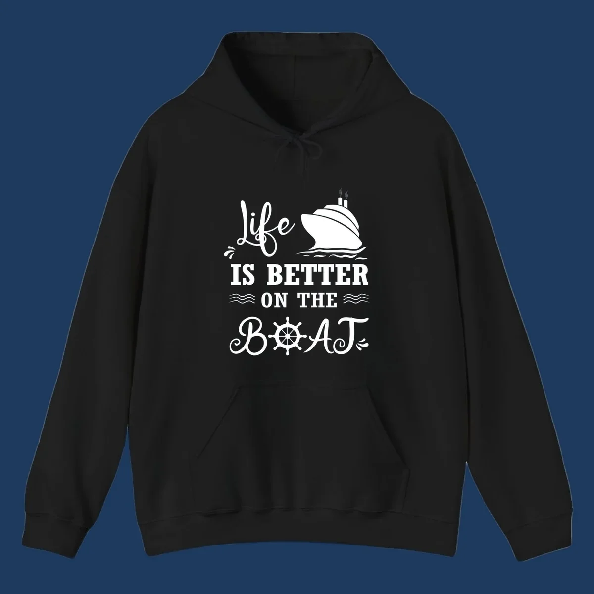 White nautical design on gray background with 'Life Is Better On The Boat' text, cruise ship, ship's wheel, and ocean waves