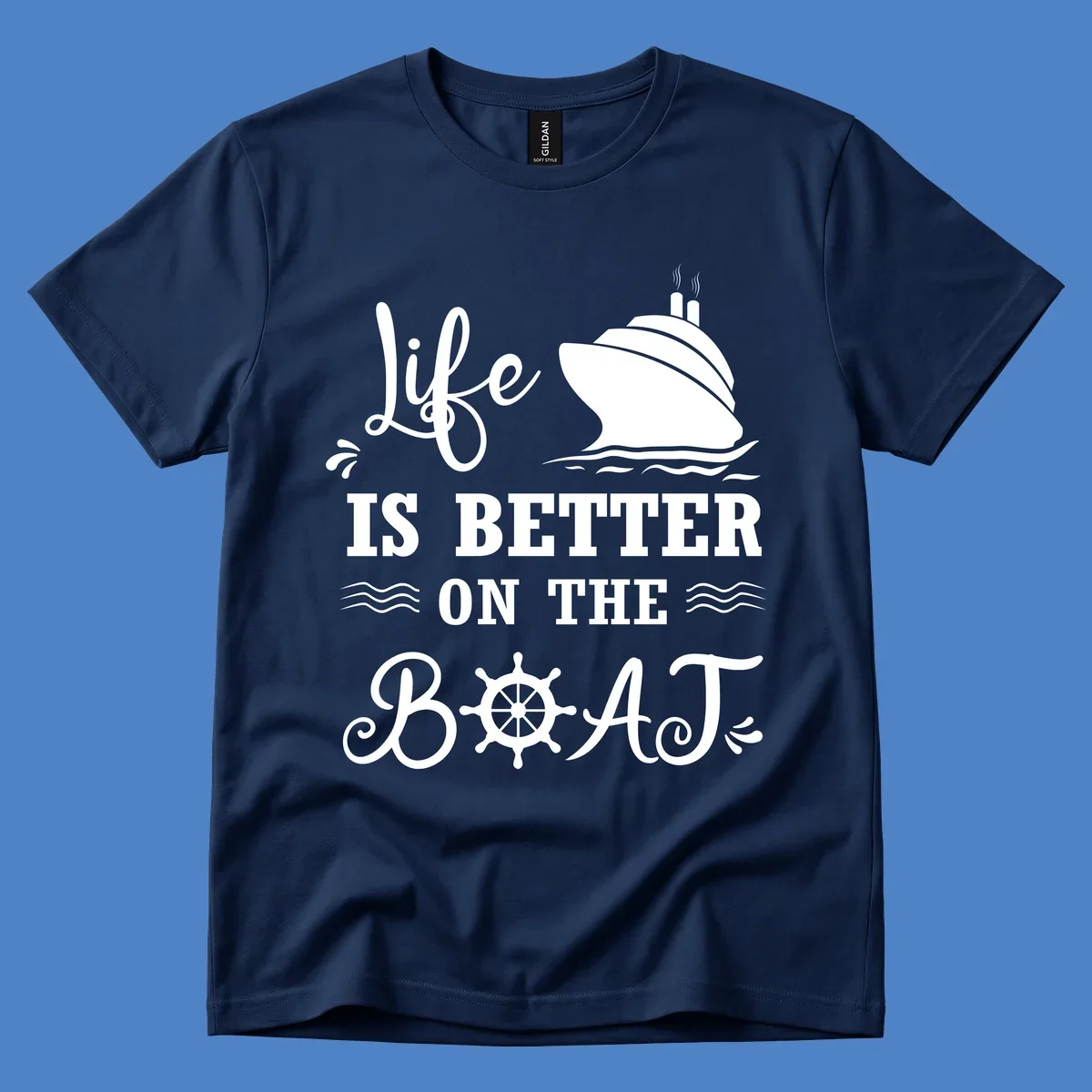 White nautical design on gray background with 'Life Is Better On The Boat' text, cruise ship, ship's wheel, and ocean waves
