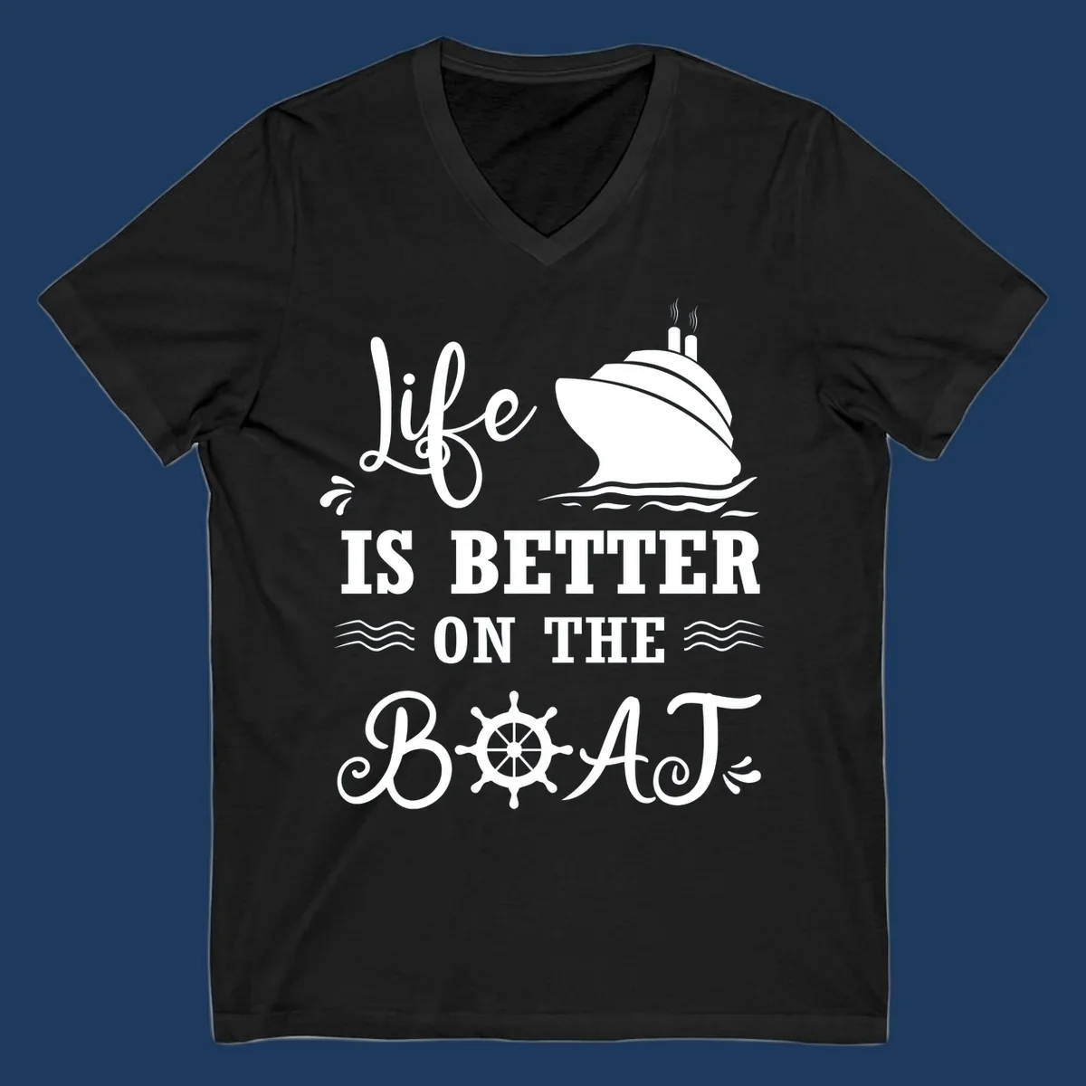 White nautical design on gray background with 'Life Is Better On The Boat' text, cruise ship, ship's wheel, and ocean waves
