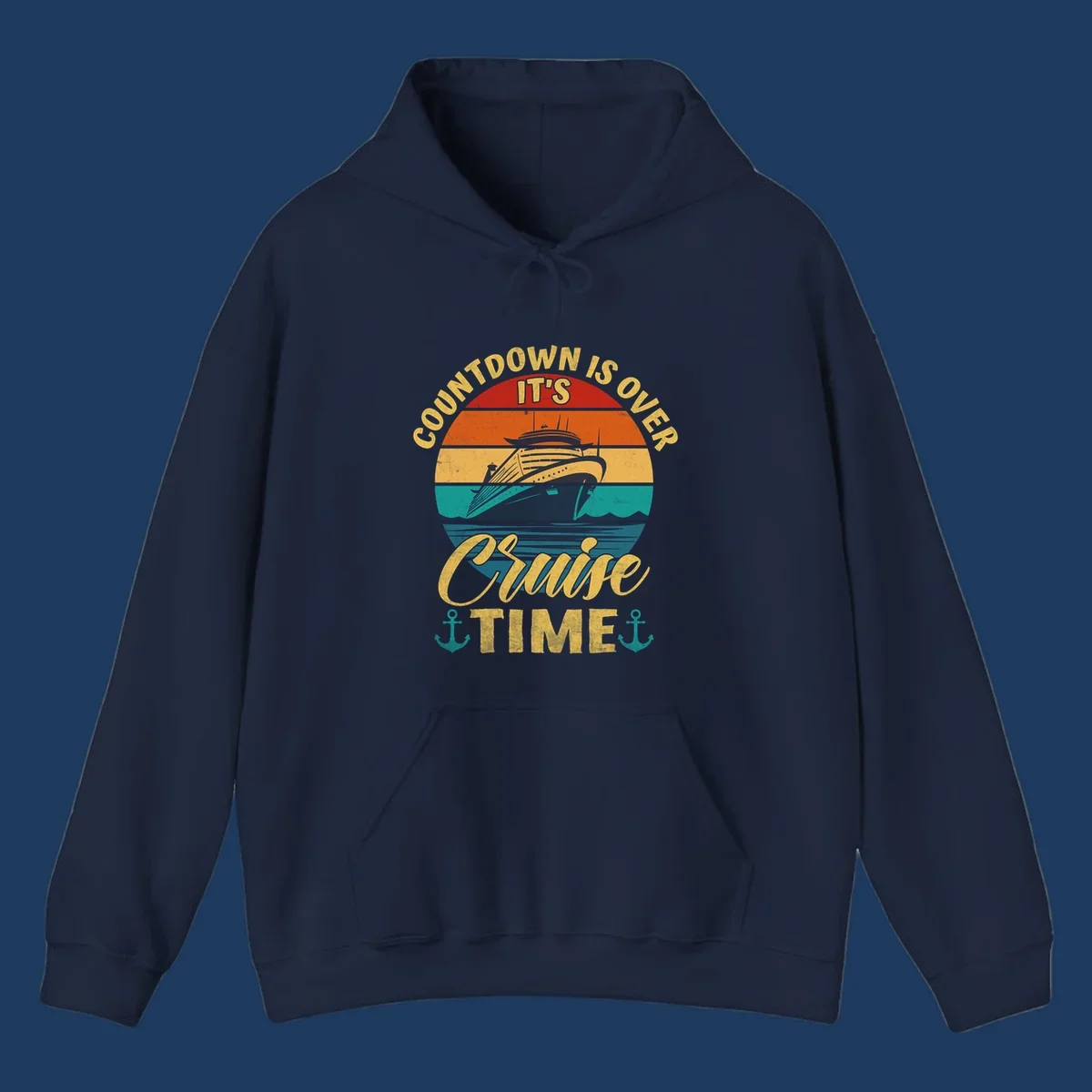 Retro vintage cruise ship design with 'countdown is over it's cruise time' text in gold on horizontal color stripes with anchors
