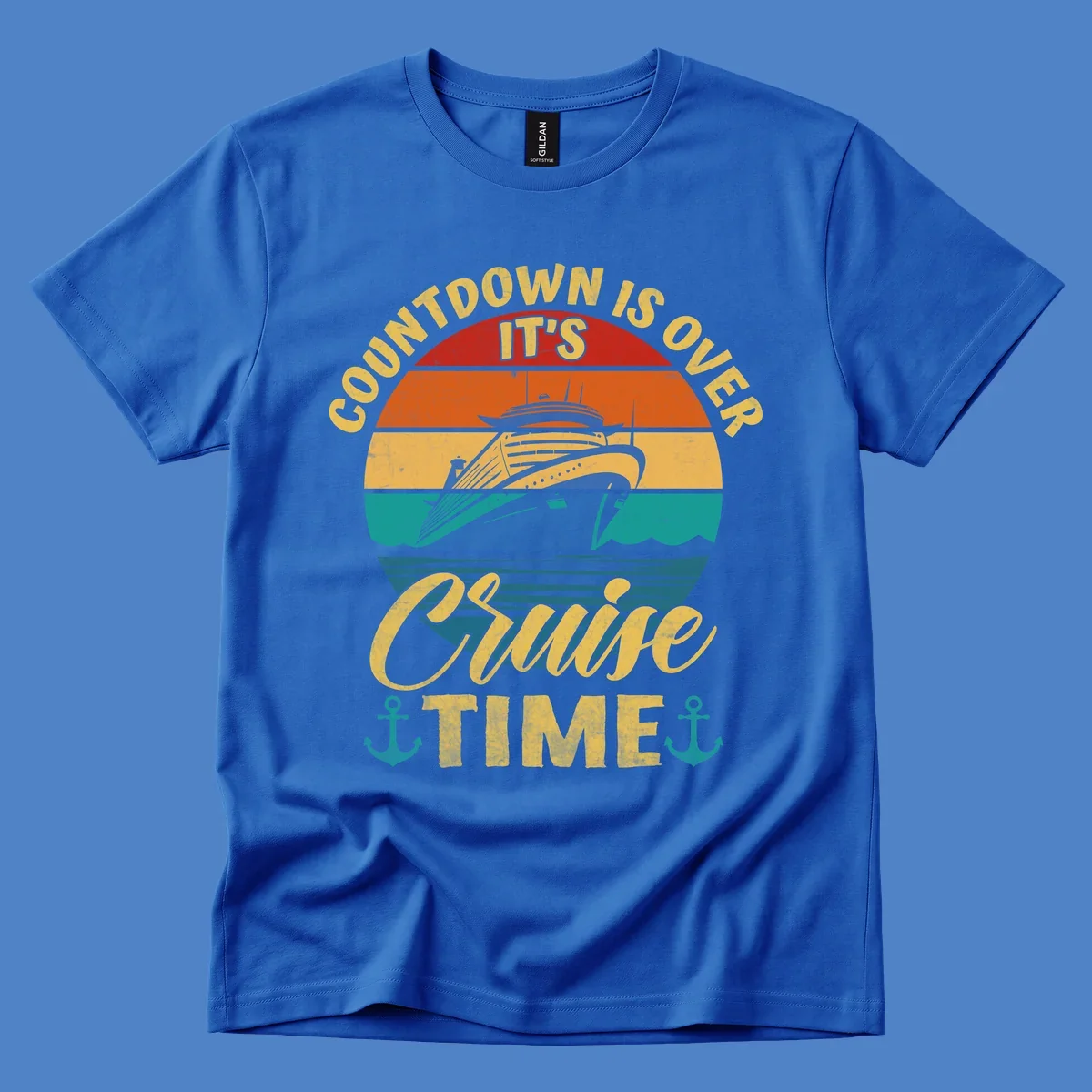 Retro vintage cruise ship design with 'countdown is over it's cruise time' text in gold on horizontal color stripes with anchors