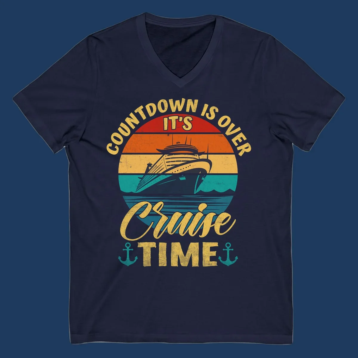 Retro vintage cruise ship design with 'countdown is over it's cruise time' text in gold on horizontal color stripes with anchors