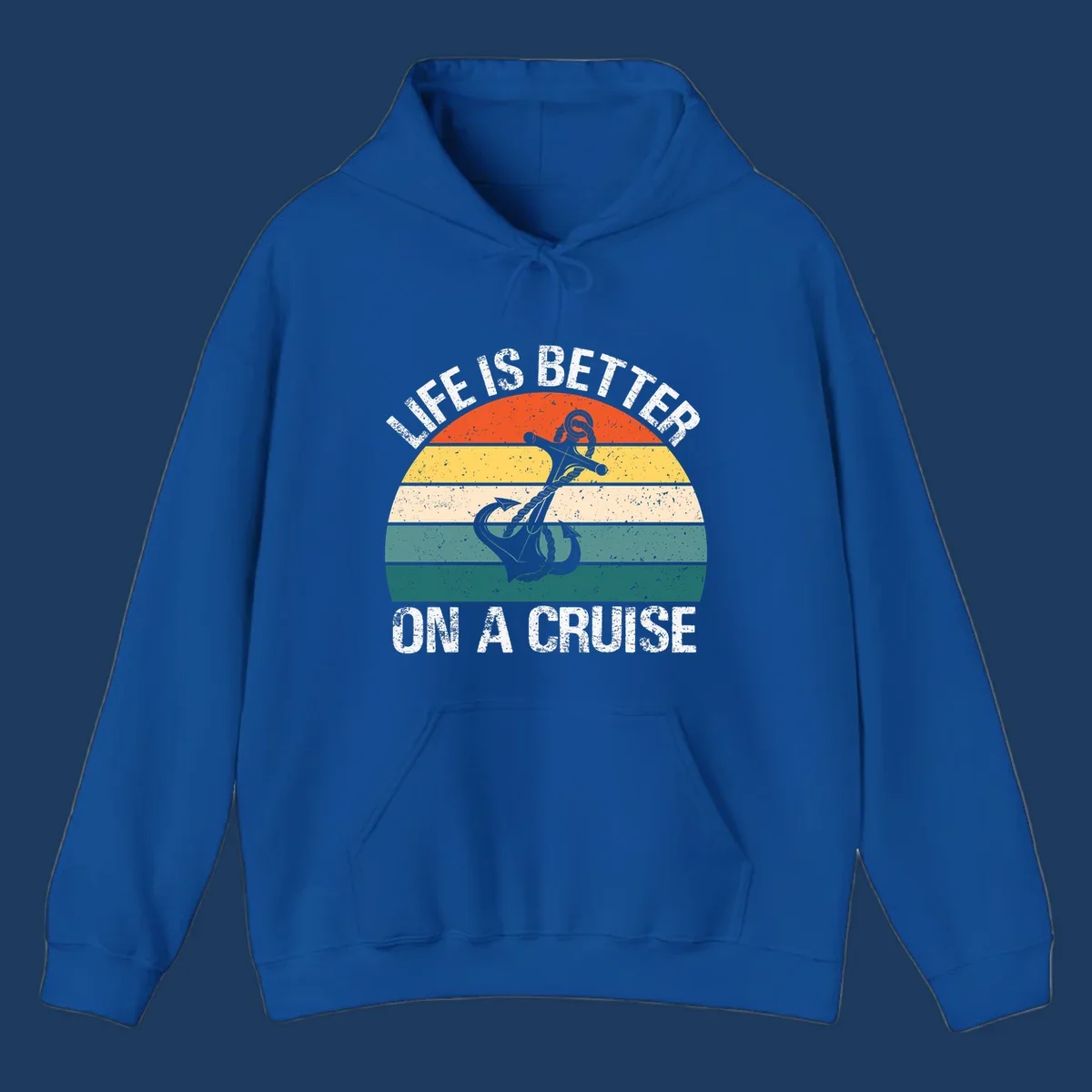 Vintage-style retro sunset design with anchor and rope, text reads 'Life Is Better On A Cruise' in distressed lettering